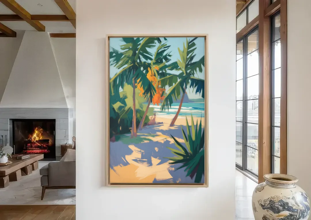 Playa Paraíso Palms canvas wall art in a living room with a fireplace