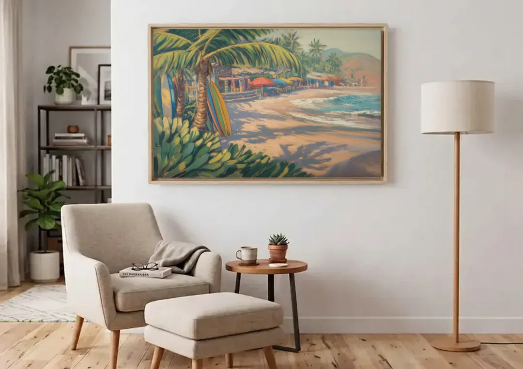 Playa Sayulita Palms canvas wall art above an armchair in a bright living room