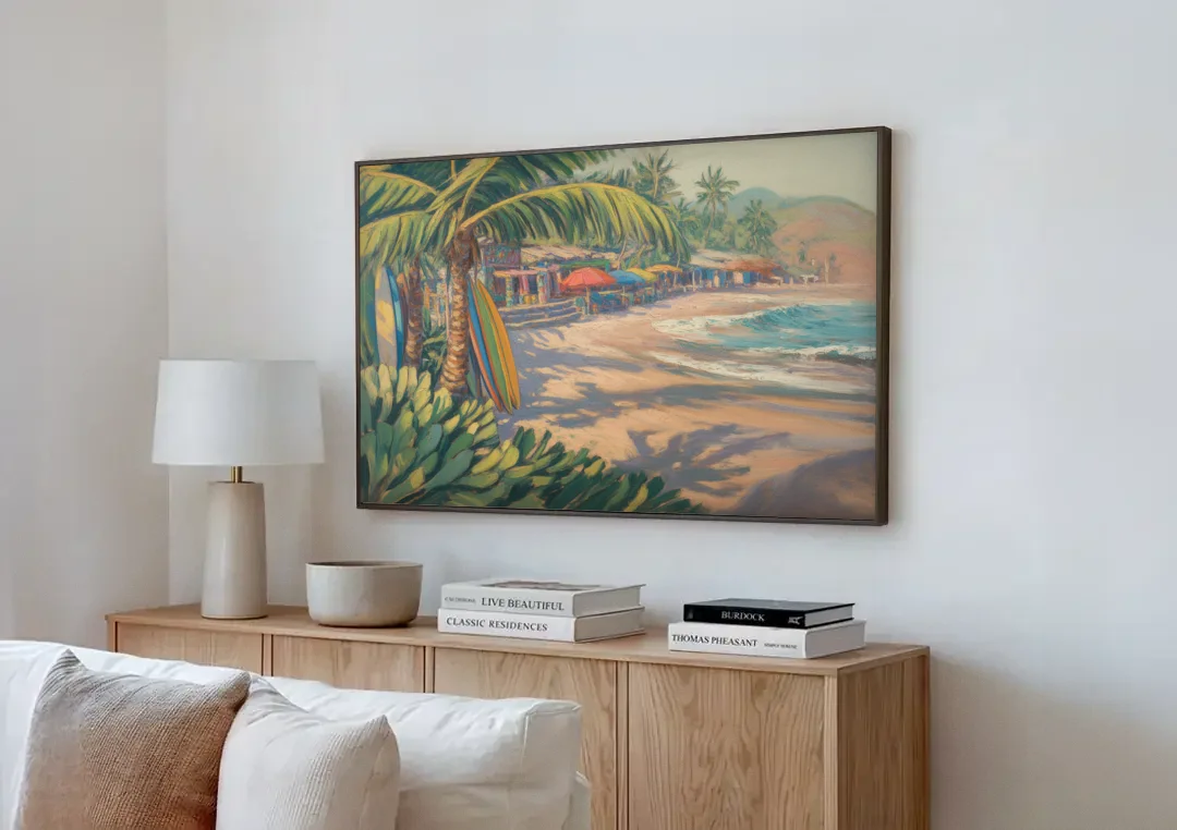 Playa Sayulita Palms canvas wall art above a wooden sideboard next to a sofa