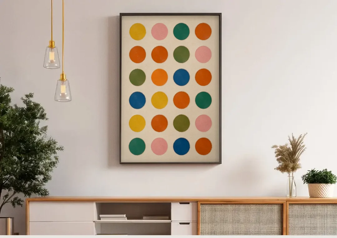 Playroom Wall Art with Twenty-Four Painted Dots canvas wall art above a wooden sideboard under pendant lights