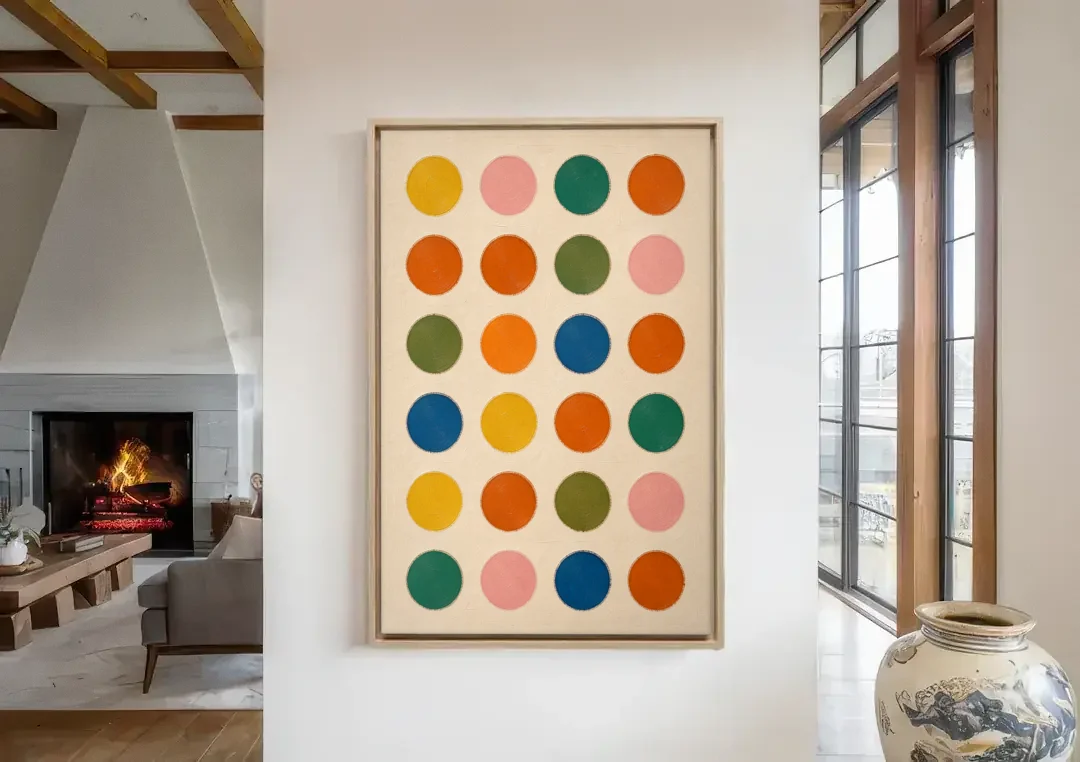 Playroom Wall Art with Twenty-Four Painted Dots canvas wall art in a living room with a fireplace