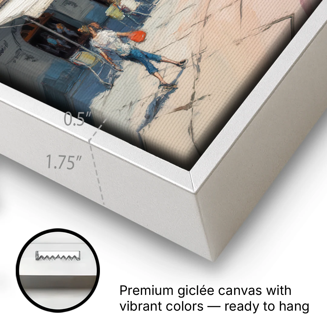 Plaza Mayor Charm - White Framed Canvas Wall Art - Gallery Wrap Corner