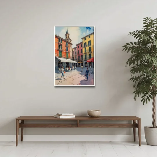 Plaza Mayor Charm - White Framed Canvas Wall Art - Coffee Table - 24x36