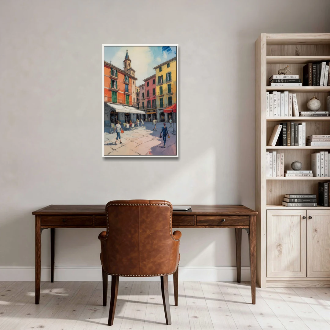 Plaza Mayor Charm - White Framed Canvas Wall Art - Office - 24x36