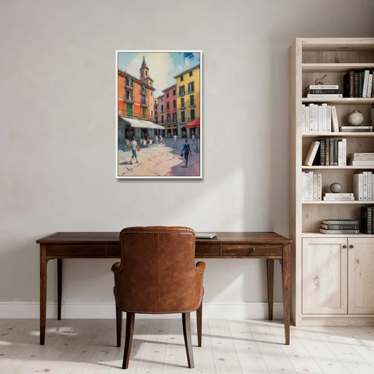 Plaza Mayor Charm - White Framed Canvas Wall Art - Office - 24x36
