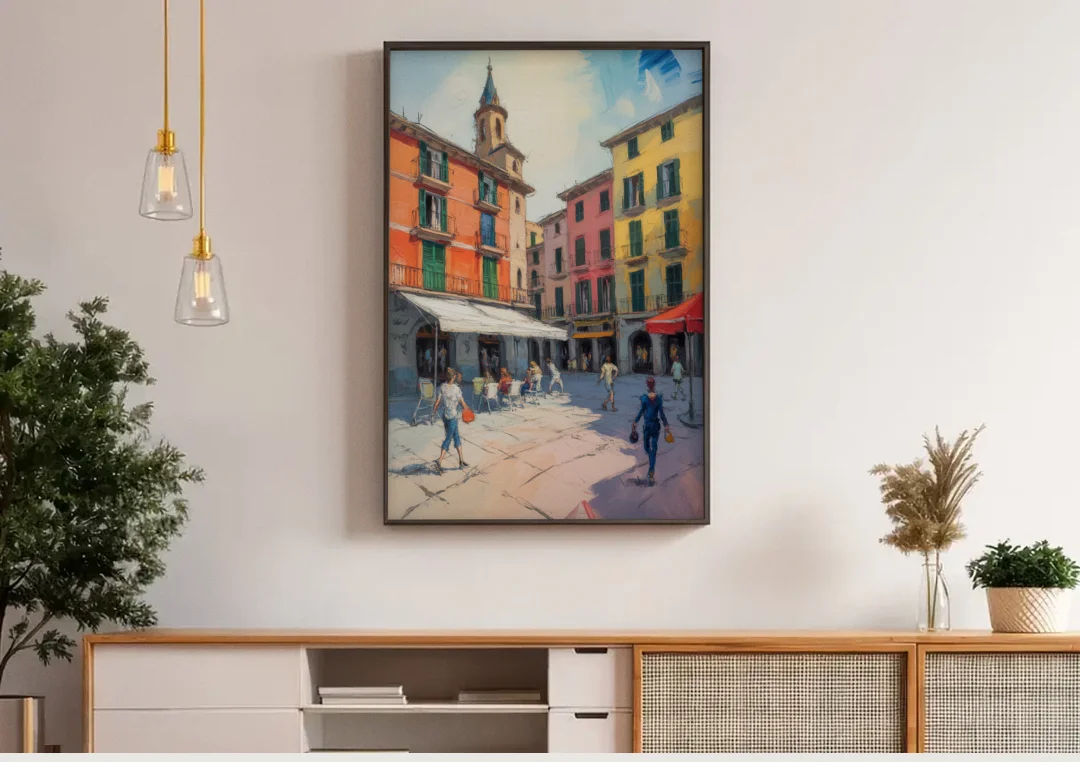 Plaza Mayor Charm canvas wall art above a wooden sideboard under pendant lights