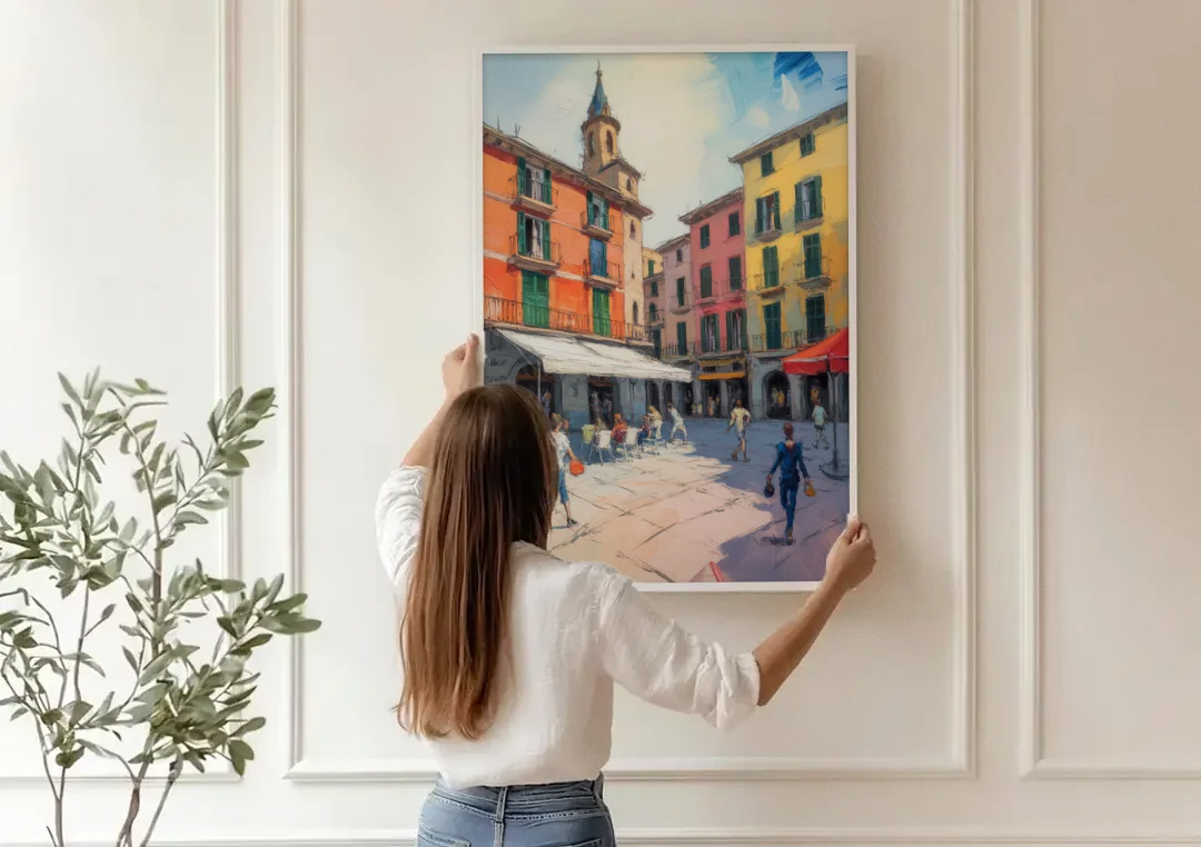 Plaza Mayor Charm canvas wall art being hung on a paneled wall