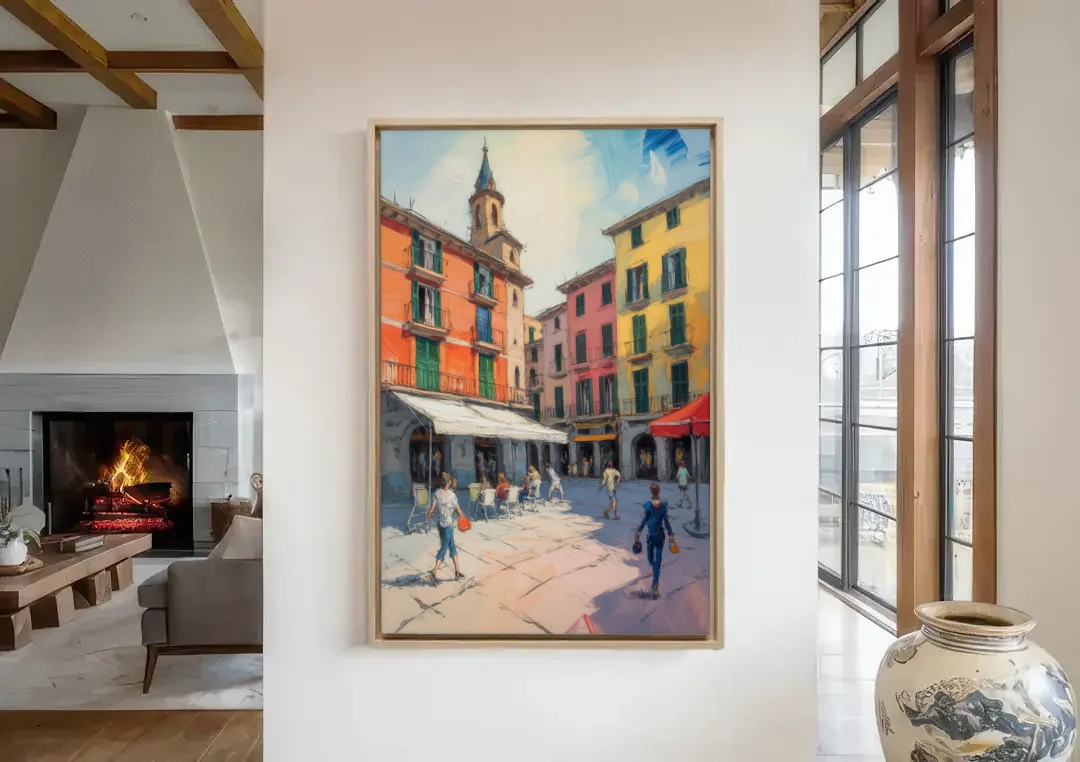 Plaza Mayor Charm canvas wall art in a living room with a fireplace