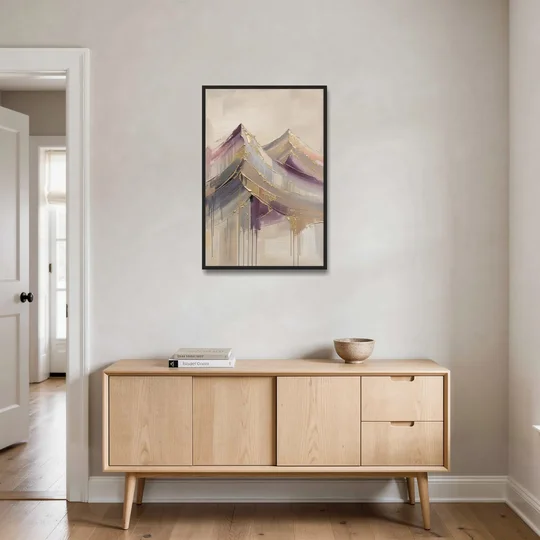 Abstract Plum and Gold Mountain Peaks - Black Framed Canvas Wall Art - Coffee Table - 24x36