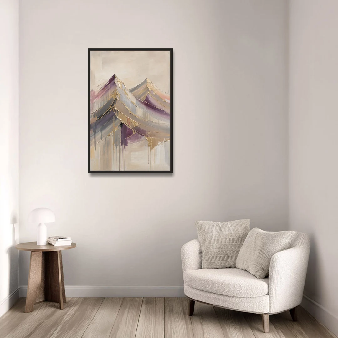 Abstract Plum and Gold Mountain Peaks - Black Framed Canvas Wall Art - Sofa - 24x36
