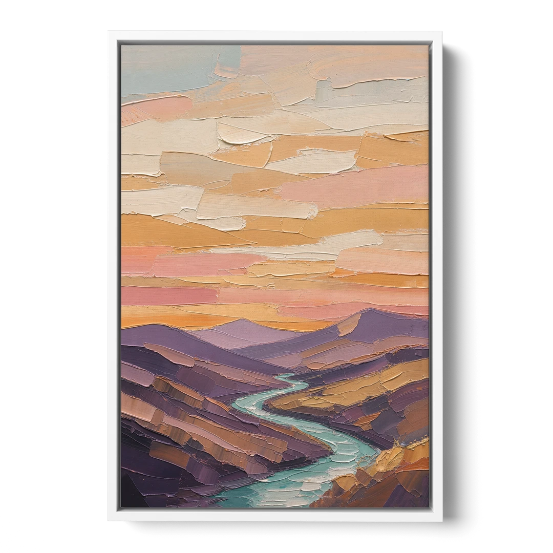Plum Hills and Teal River at Sunset - White Framed Canvas Wall Art - Front