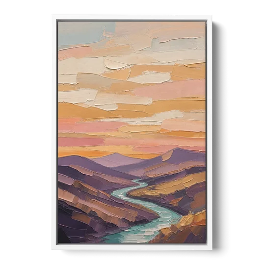 Plum Hills and Teal River at Sunset - White Framed Canvas Wall Art - Front
