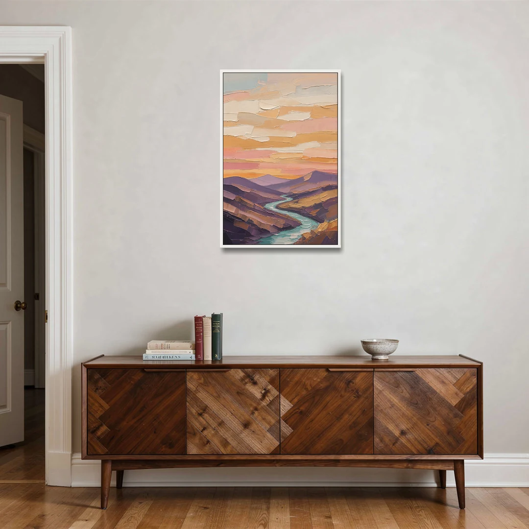 Plum Hills and Teal River at Sunset - White Framed Canvas Wall Art - Coffee Table - 24x36