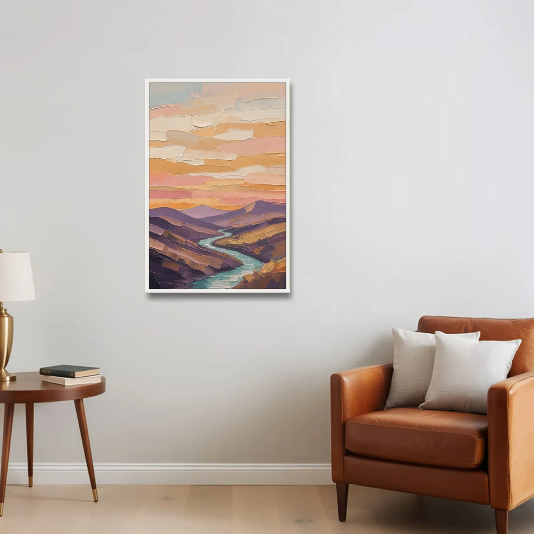 Plum Hills and Teal River at Sunset - White Framed Canvas Wall Art - Sofa - 24x36