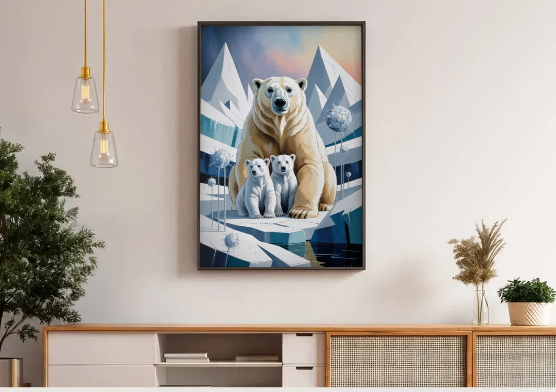 Polar Bear Majesty canvas wall art above a wooden sideboard under pendant lights