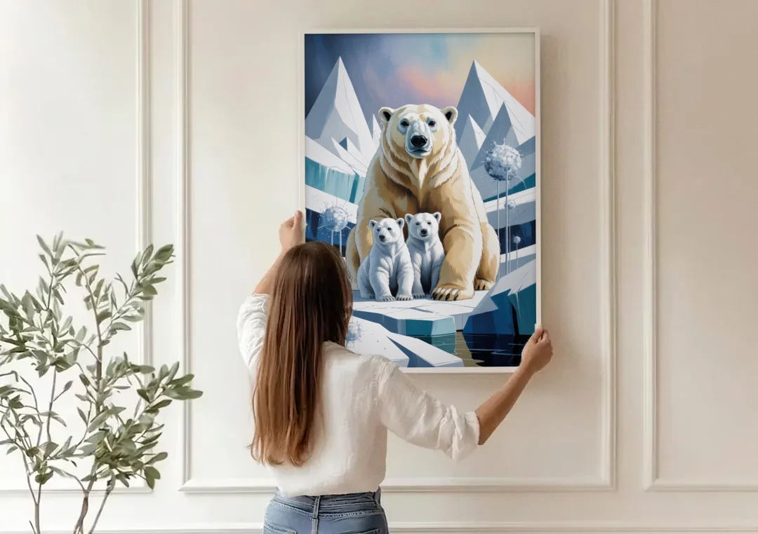Polar Bear Majesty canvas wall art being hung on a paneled wall