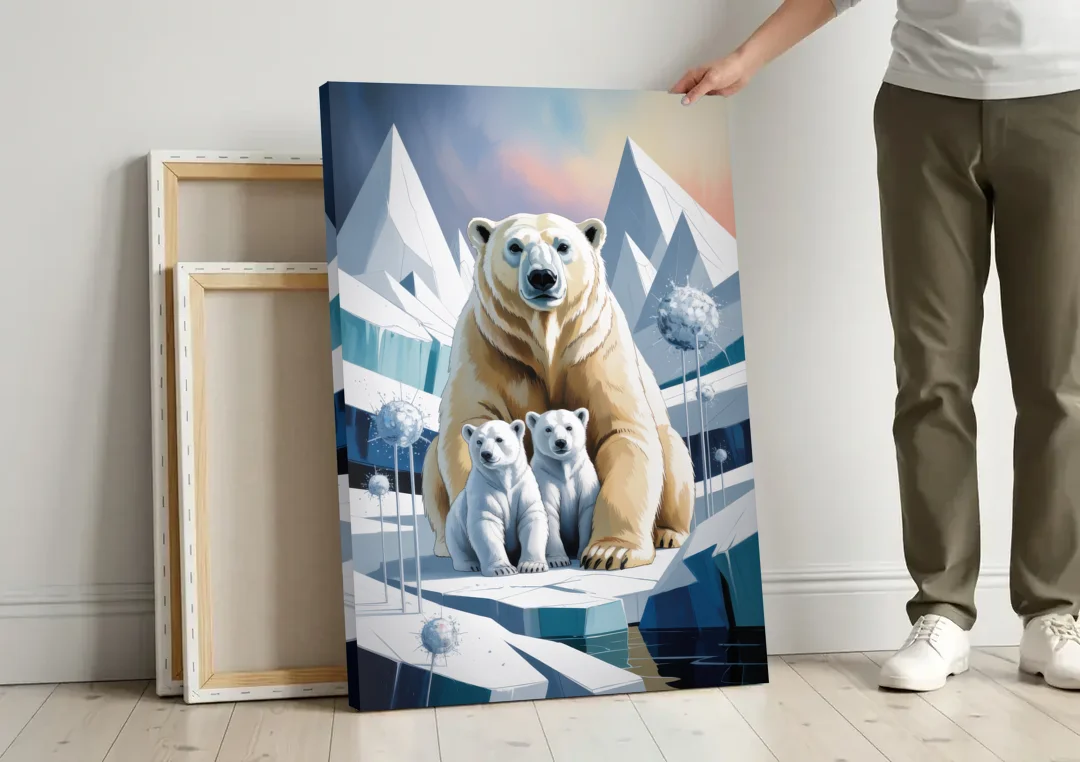 Polar Bear Majesty canvas wall art leaning against a wall next to blank canvases