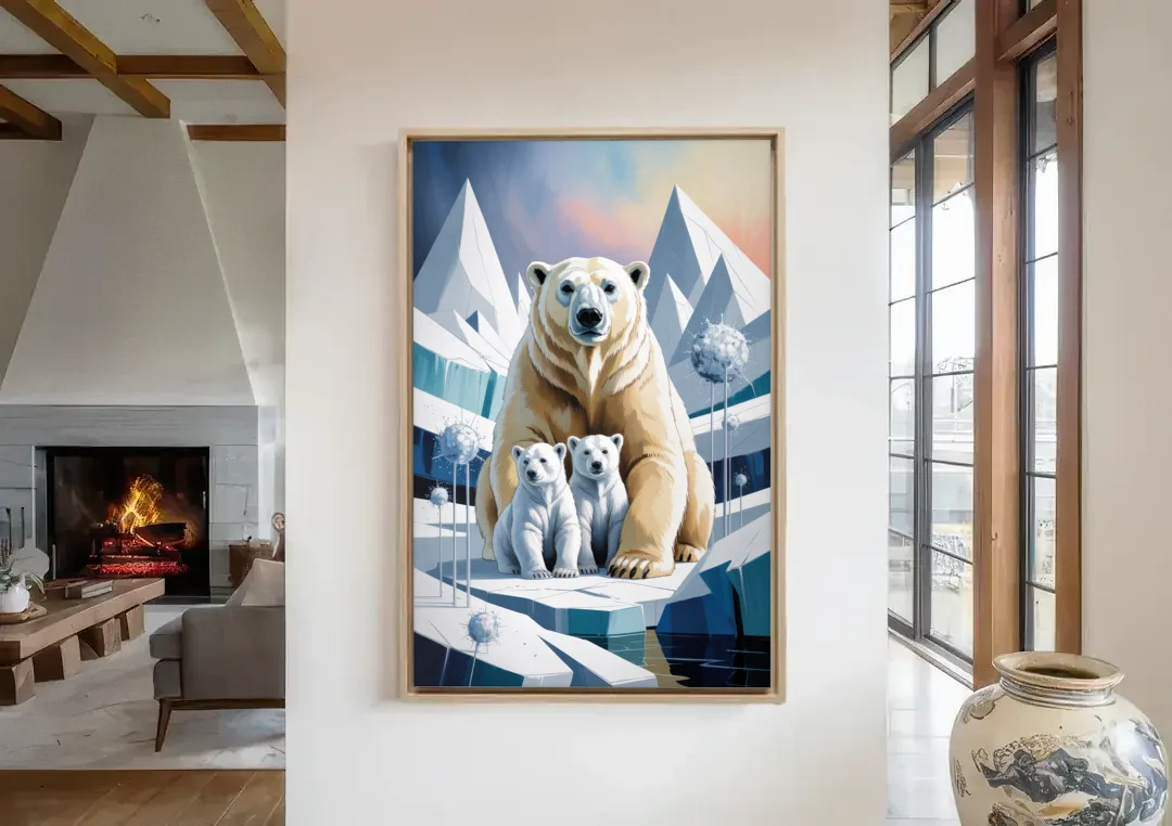Polar Bear Majesty canvas wall art in a living room with a fireplace