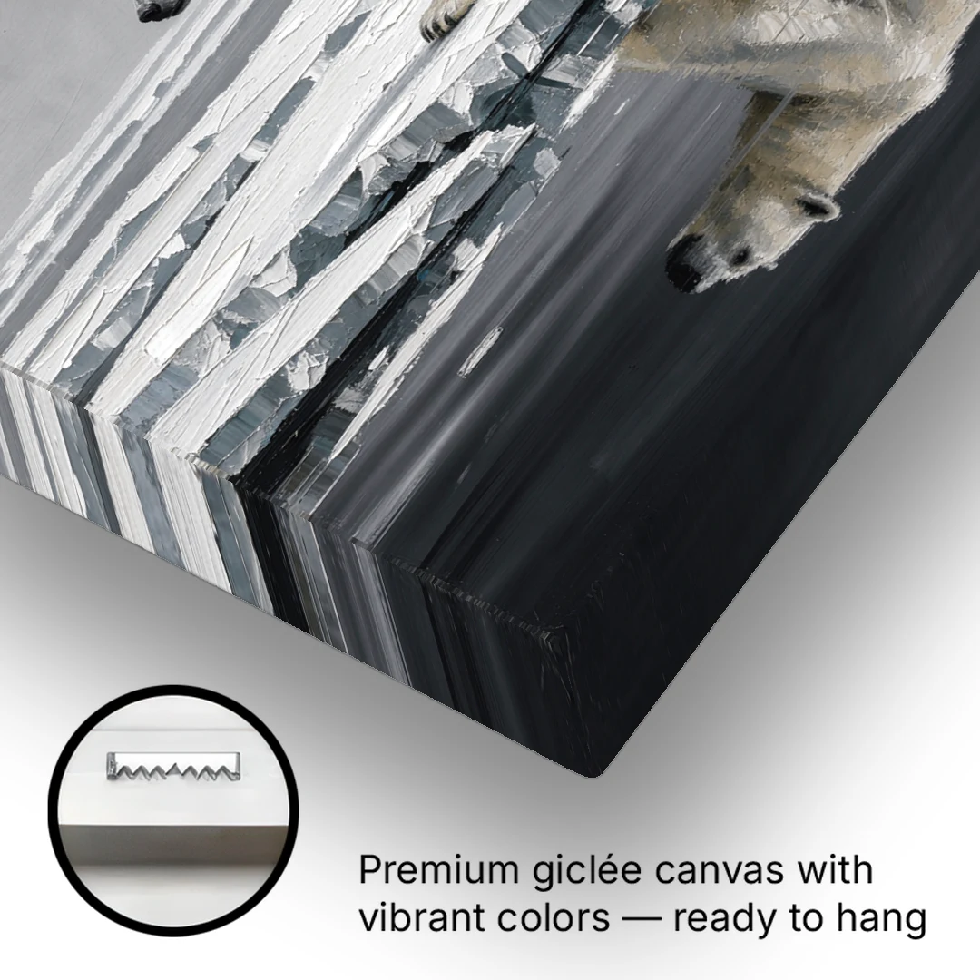 Black and White Polar Bear on Broken Sea Ice - Canvas Wall Art - Gallery Wrap Corner