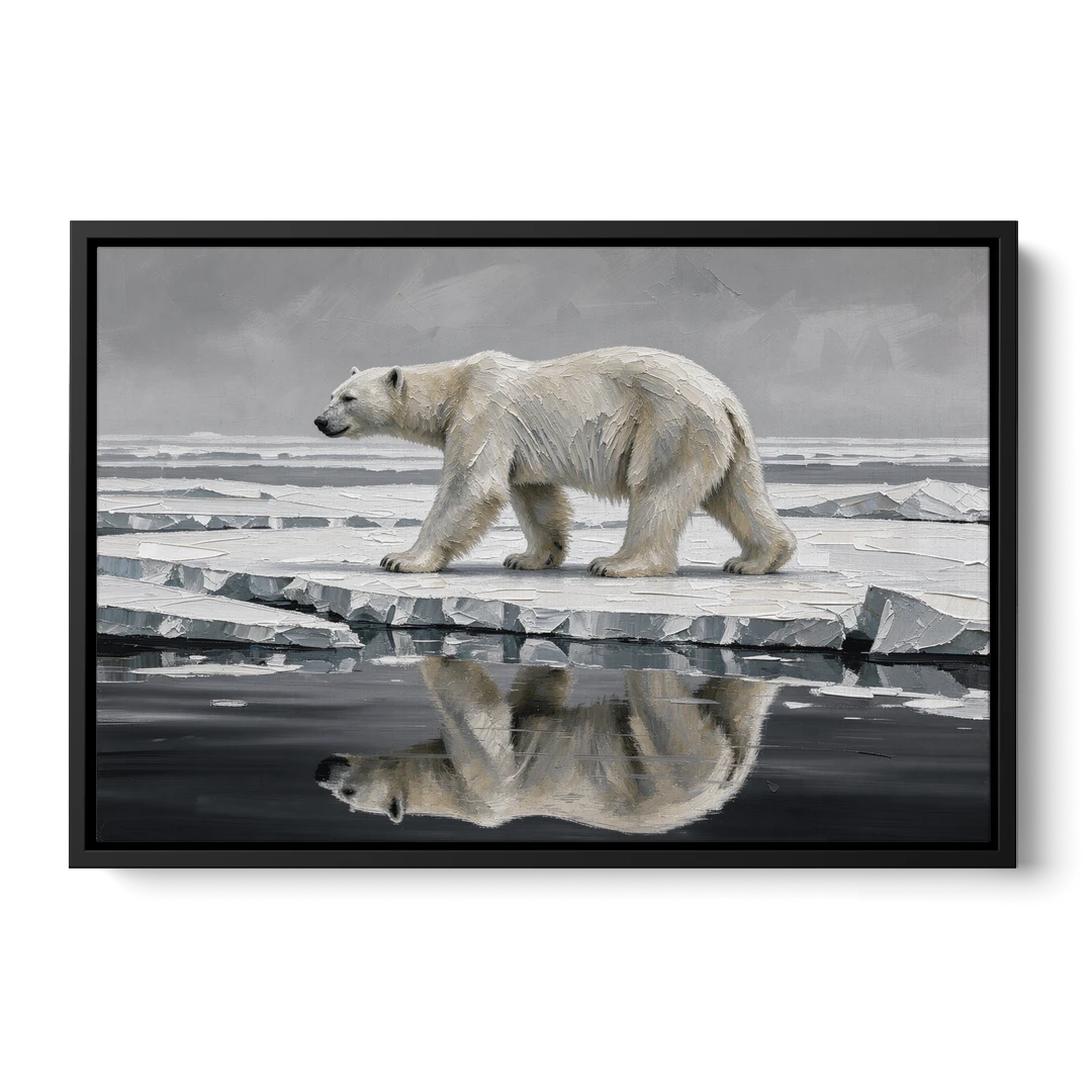 Black and White Polar Bear on Broken Sea Ice - Black Framed Canvas Wall Art - Front