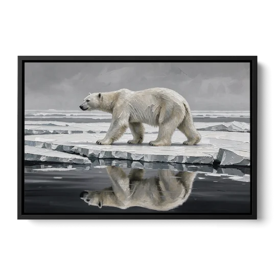 Black and White Polar Bear on Broken Sea Ice - Black Framed Canvas Wall Art - Front