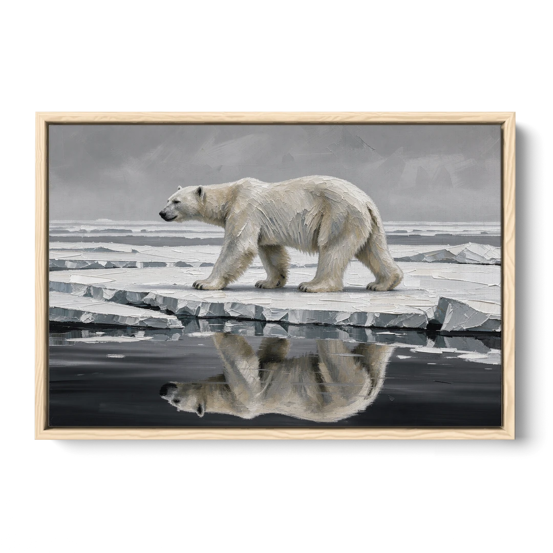 Black and White Polar Bear on Broken Sea Ice - Oak Framed Canvas Wall Art - Front
