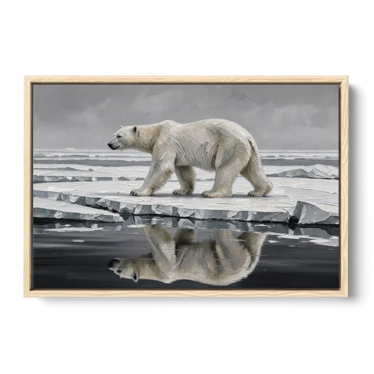 Black and White Polar Bear on Broken Sea Ice - Oak Framed Canvas Wall Art - Front