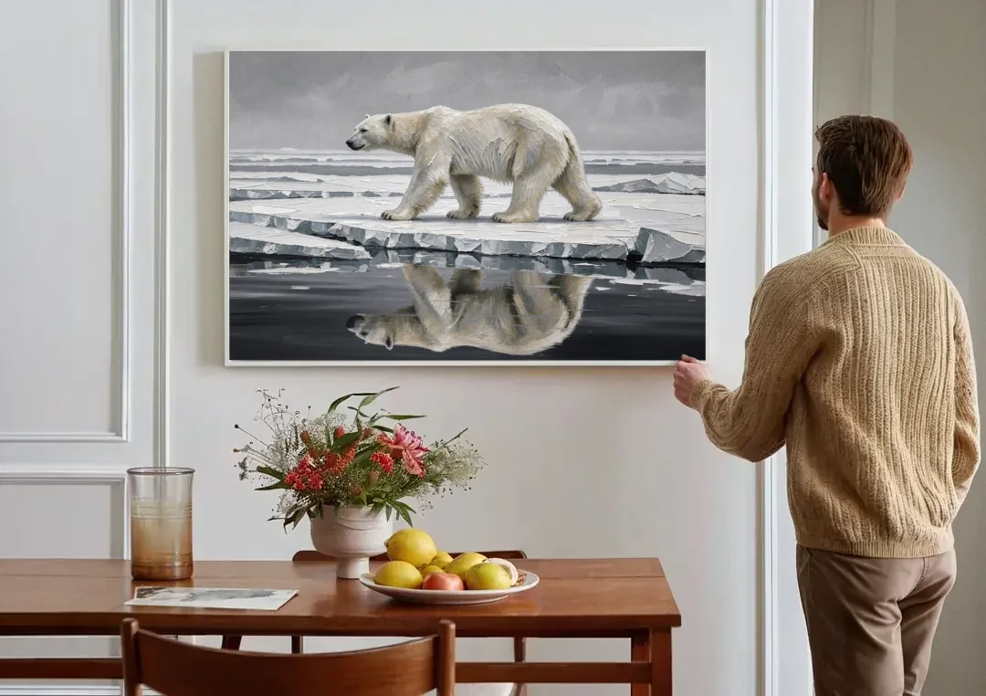 Black and White Polar Bear on Broken Sea Ice canvas wall art above a dining table