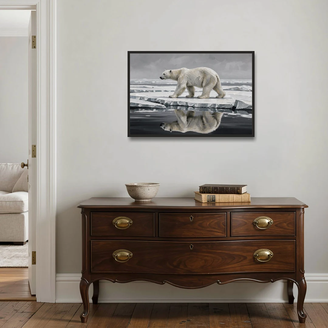 Black and White Polar Bear on Broken Sea Ice - Black Framed Canvas Wall Art - Coffee Table - 36x24