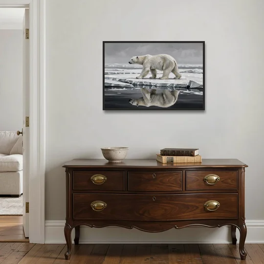 Black and White Polar Bear on Broken Sea Ice - Black Framed Canvas Wall Art - Coffee Table - 36x24