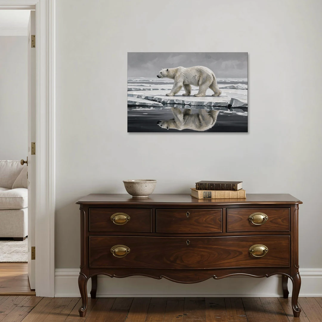Black and White Polar Bear on Broken Sea Ice - Canvas Wall Art - Coffee Table - 36x24