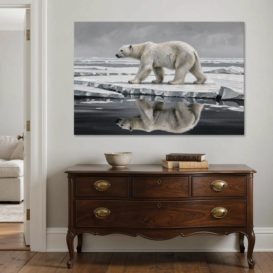 Black and White Polar Bear on Broken Sea Ice - Canvas Wall Art - Coffee Table - 60x40