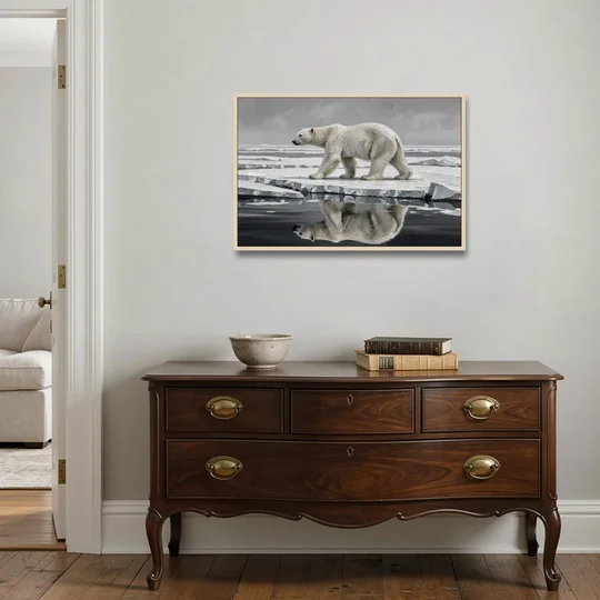 Black and White Polar Bear on Broken Sea Ice - Oak Framed Canvas Wall Art - Coffee Table - 36x24