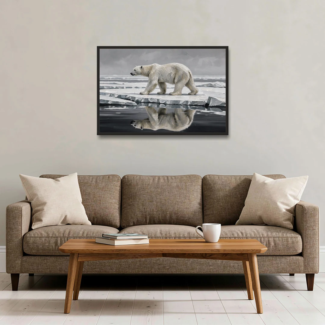 Black and White Polar Bear on Broken Sea Ice - Black Framed Canvas Wall Art - Sofa - 36x24