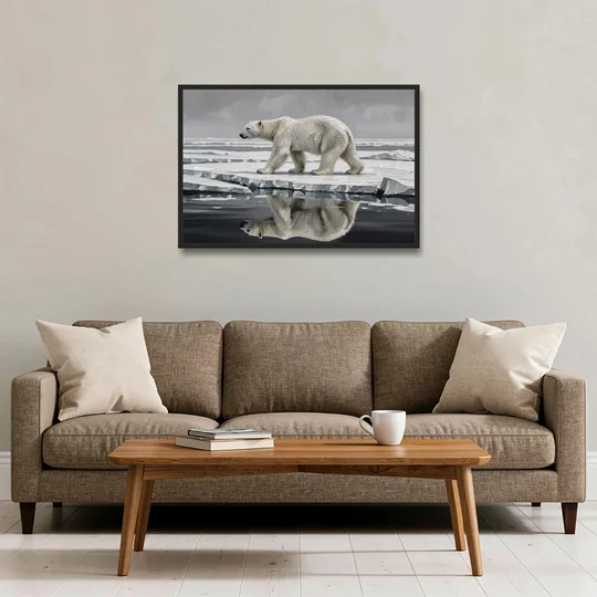 Black and White Polar Bear on Broken Sea Ice - Black Framed Canvas Wall Art - Sofa - 36x24