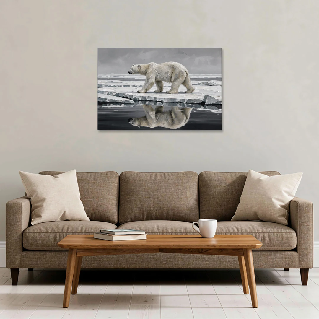 Black and White Polar Bear on Broken Sea Ice - Canvas Wall Art - Sofa - 36x24