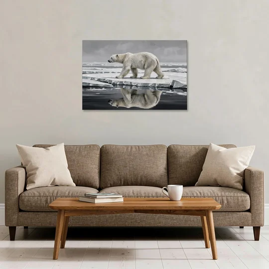 Black and White Polar Bear on Broken Sea Ice - Canvas Wall Art - Sofa - 36x24