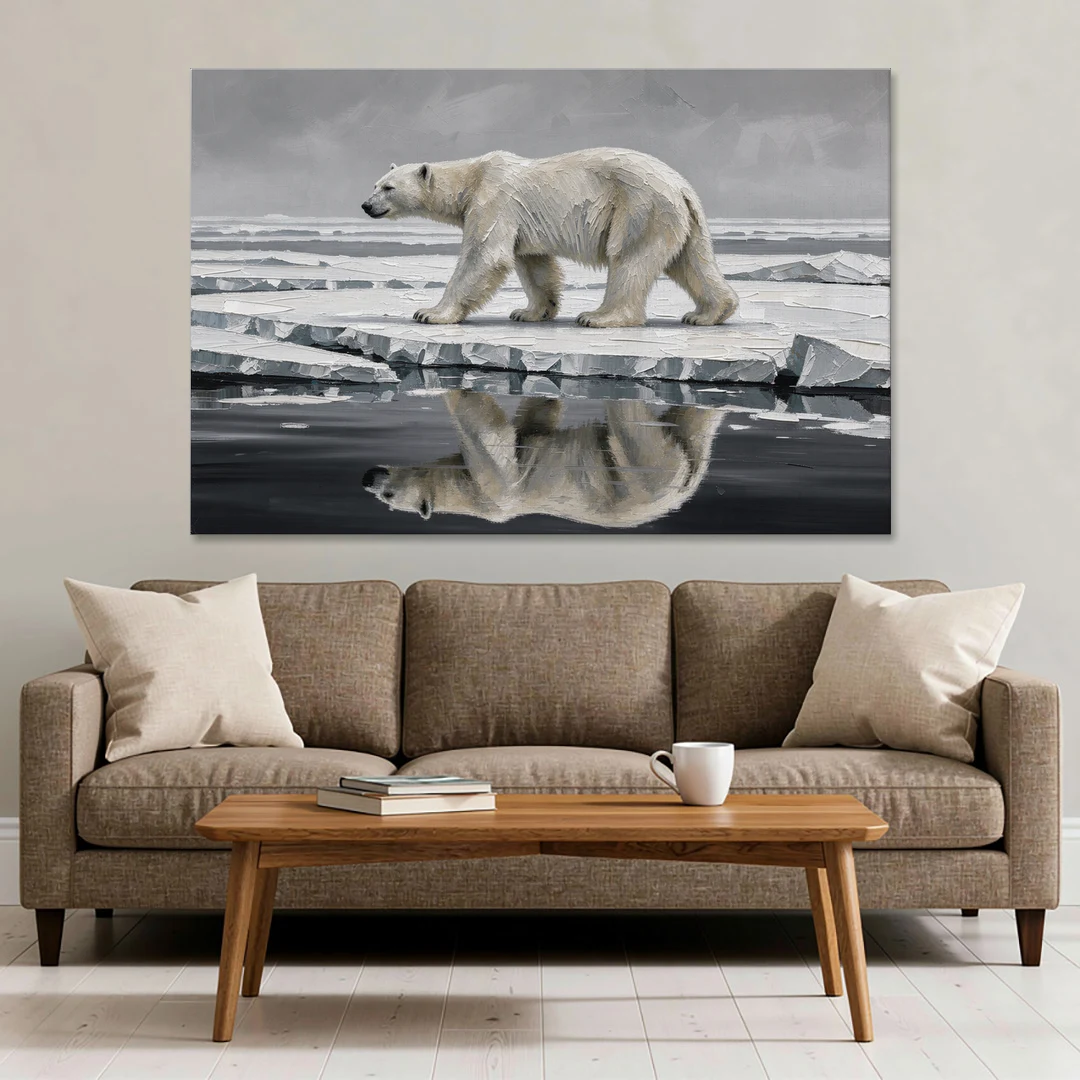 Black and White Polar Bear on Broken Sea Ice - Canvas Wall Art - Sofa - 60x40