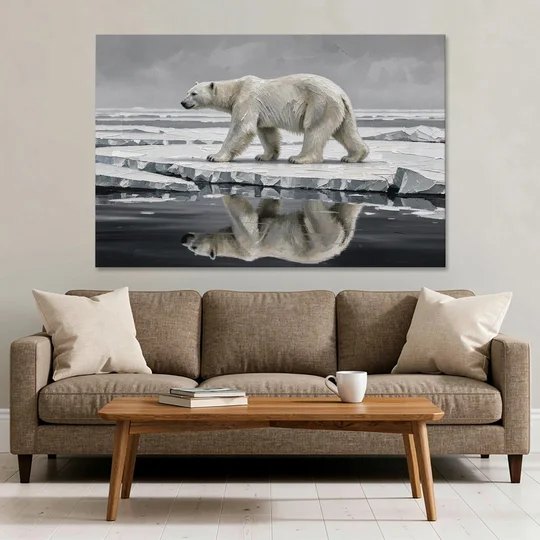 Black and White Polar Bear on Broken Sea Ice - Canvas Wall Art - Sofa - 60x40