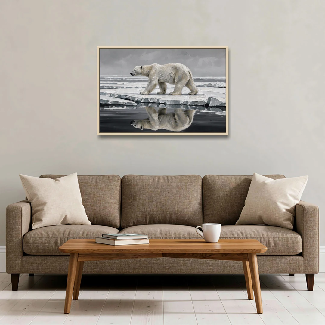 Black and White Polar Bear on Broken Sea Ice - Oak Framed Canvas Wall Art - Sofa - 36x24