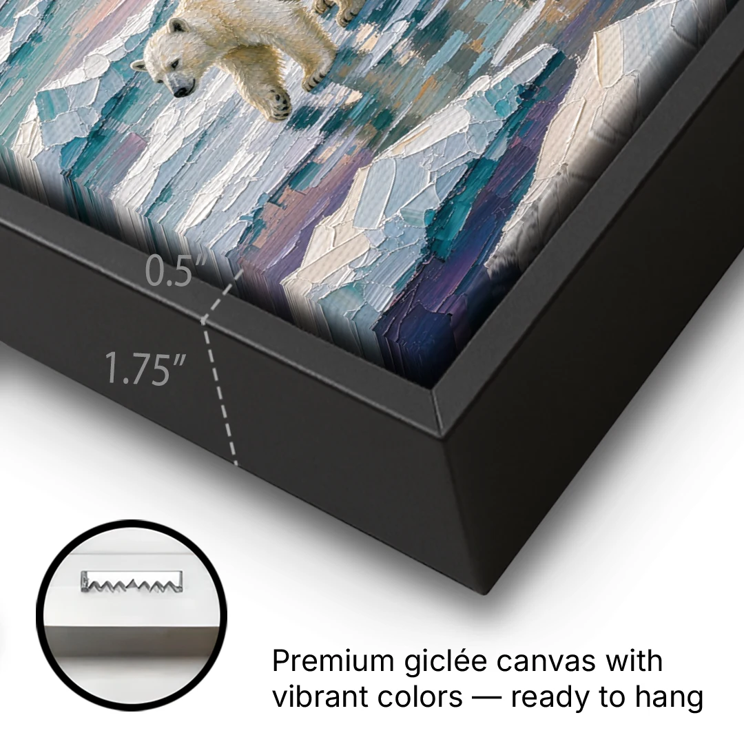 Polar Bear Painting with Cub at Sunset - Black Framed Canvas Wall Art - Gallery Wrap Corner