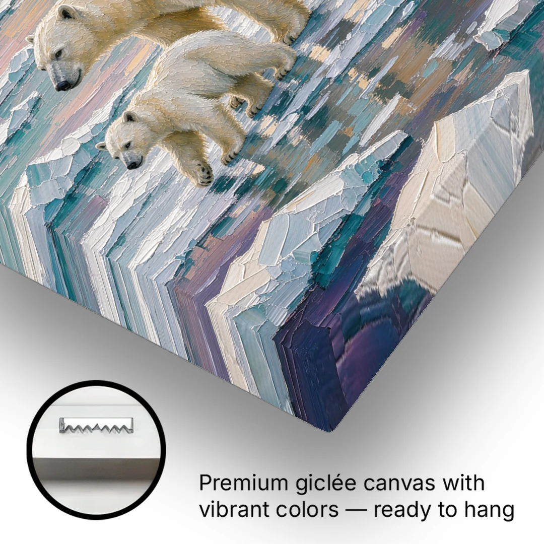 Polar Bear Painting with Cub at Sunset - Canvas Wall Art - Gallery Wrap Corner
