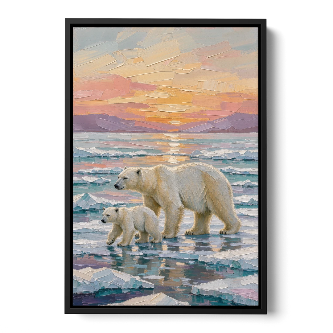 Polar Bear Painting with Cub at Sunset - Black Framed Canvas Wall Art - Front