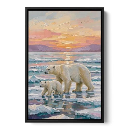 Polar Bear Painting with Cub at Sunset - Black Framed Canvas Wall Art - Front