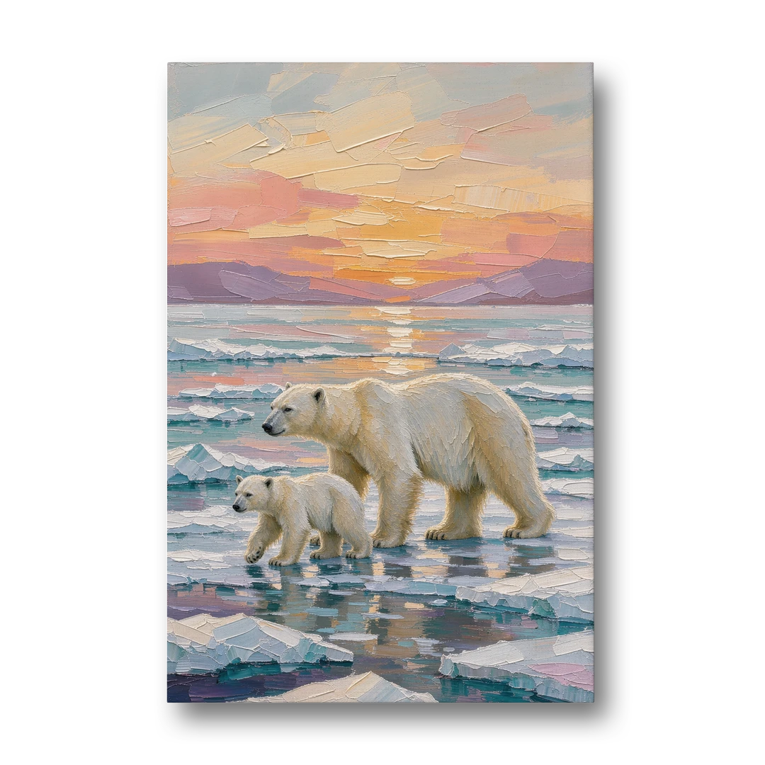 Polar Bear Painting with Cub at Sunset - Canvas Wall Art - Front