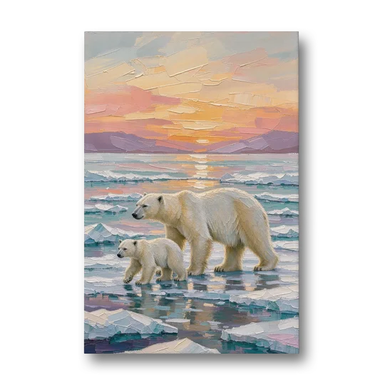 Polar Bear Painting with Cub at Sunset - Canvas Wall Art - Front