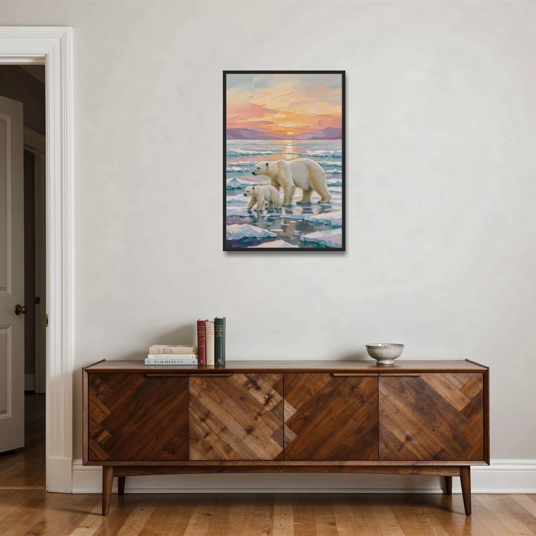 Polar Bear Painting with Cub at Sunset - Black Framed Canvas Wall Art - Coffee Table - 24x36