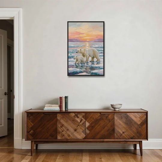 Polar Bear Painting with Cub at Sunset - Black Framed Canvas Wall Art - Coffee Table - 24x36