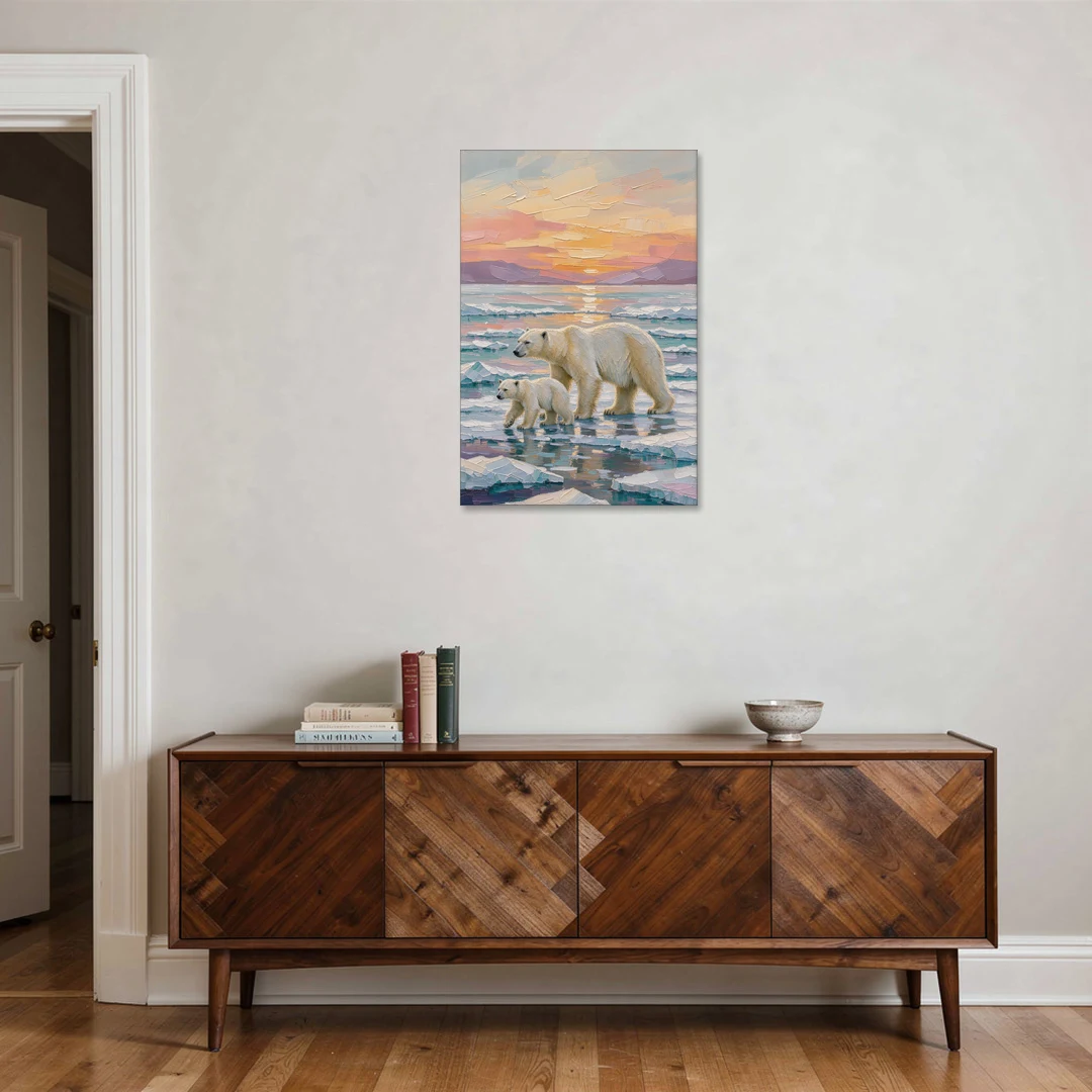 Polar Bear Painting with Cub at Sunset - Canvas Wall Art - Coffee Table - 24x36