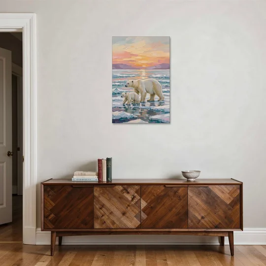 Polar Bear Painting with Cub at Sunset - Canvas Wall Art - Coffee Table - 24x36